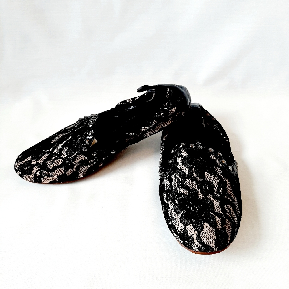 Yosi Samra black lace on suede ballerina flats